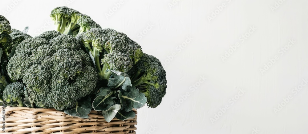 Poster fresh broccolini arranged on a wicker stand against a white backdrop, conveying a vegetarian concept
