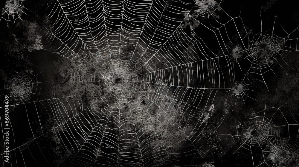 Poster Abstract fractal sipder web on dark background with grungy ornament of broken moody web and particles.