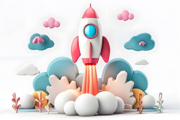 3D rocket launch amidst clouds and abstract shapes symbolizing innovation and new beginnings