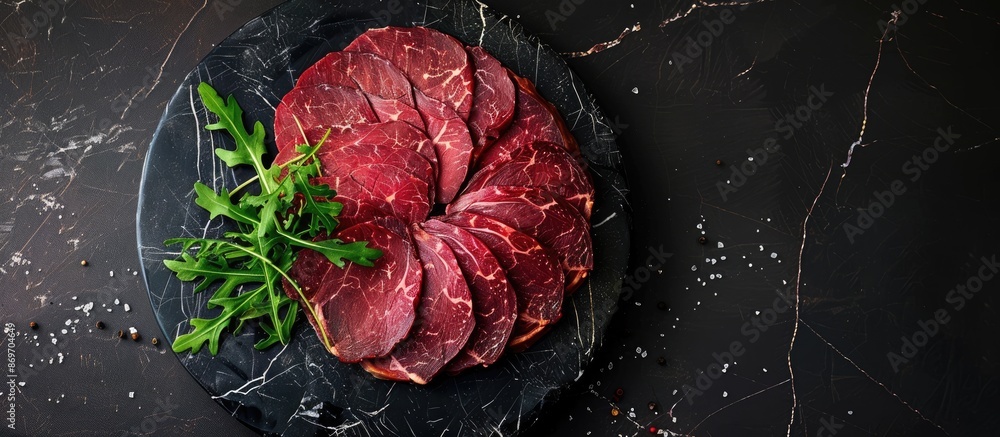 Leinwandbilder a top view of a raw round roast beef sliced on a marble board with a black background, creating a dr