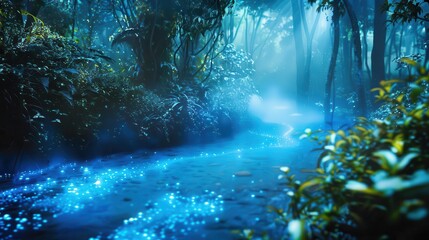 Fototapeta premium bioluminescent water stream flowing from a crystal quartz pipe in an enchanted forest glowing flora and ethereal mist surround the magical water source