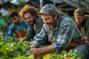 Fototapeta premium Farmer Carefully Tending to Rows of Tomato Plants in a Greenhouse