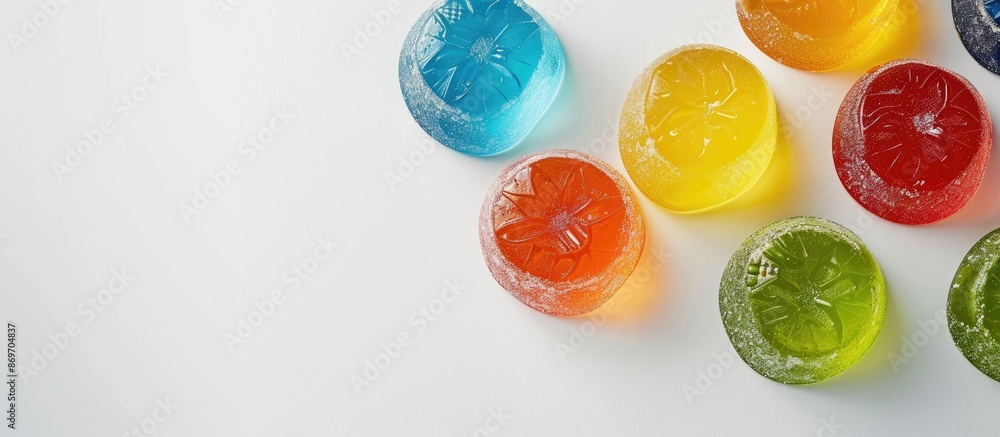 Poster Transparent round fruit jelly set on a white surface with a clear area for adding images or text, known as a copy space image.
