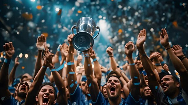soccer players raising a cup in the air, confettis flying, only hands and cup, blue themed,generative ai