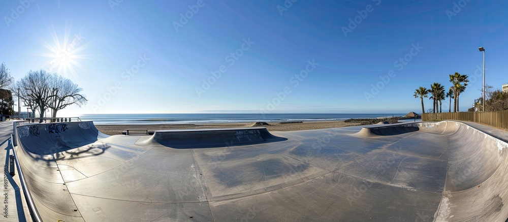 Poster deserted public skate park adjacent to a scenic beach on a sunny day with abundant copy space image 