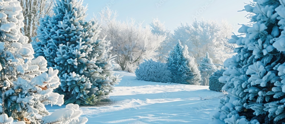 Poster scenic winter landscape with evergreen trees covered in frost, displaying an elegant tranquility. an