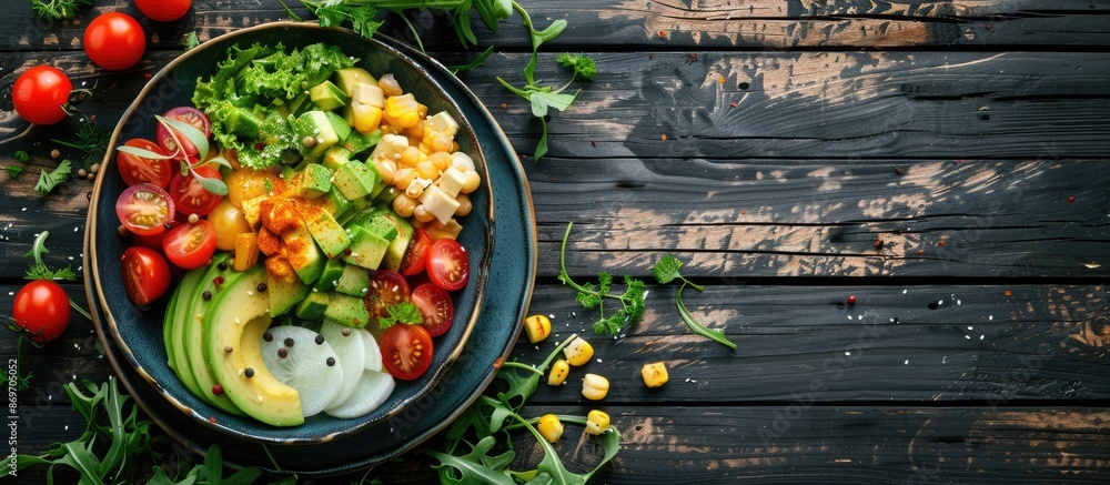 Poster top view of a nutritious vegetarian avocado breakfast displayed on dark wood, depicting a concept of