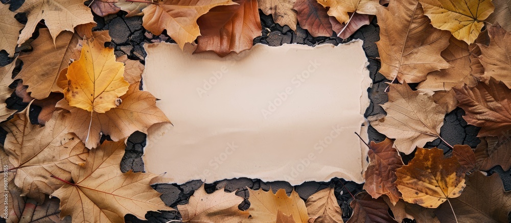 Poster Fall-themed backdrop with dried leaves and a blank sheet for a copy space image