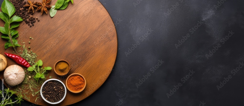 Poster Top view of round wooden cutting board with spices and herbs on a black concrete backdrop, creating a perfect copy space image for menu or recipe mock-up.