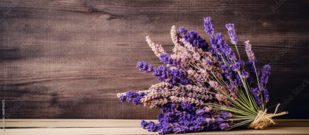 Poster A bouquet of lavender dried flowers displayed on a wooden table with a background suitable for adding text or images - copy space image.