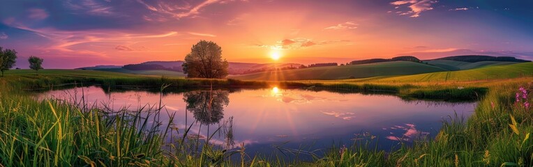 Obraz premium Serene Sunset Over Rural Landscape with Reflective Waters