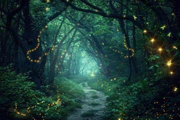 Enchanted forest path lit by glowing fireflies, leading to a mysterious, hidden grove.