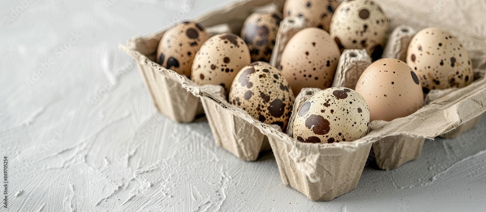 Poster close-up of quail eggs in cardboard packaging on a white background with isolated copy space image.