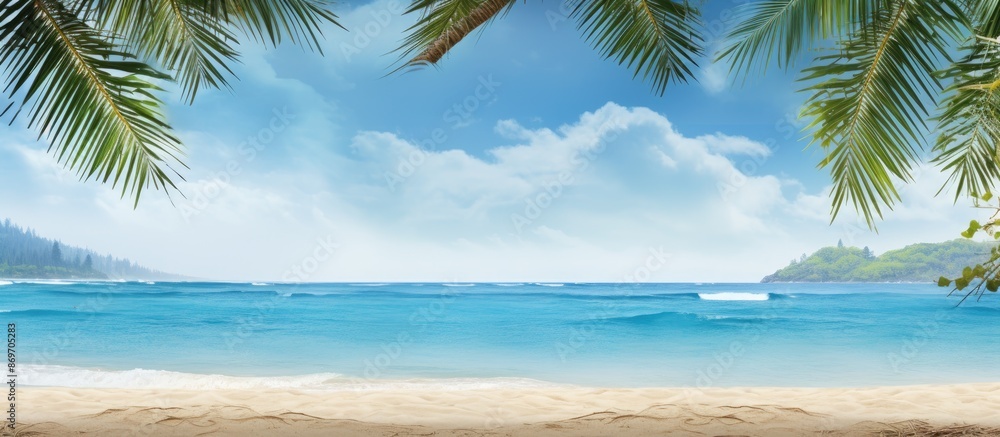 Aufkleber Tropical beach scene with palm tree border against the backdrop. Copy space image available.