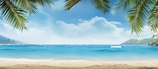 Fototapeta premium Tropical beach scene with palm tree border against the backdrop. Copy space image available.