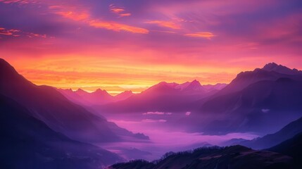 breathtaking mountain sunrise peaks bathed in golden light misty valleys below vibrant sky transitioning from deep purples to warm oranges and yellows