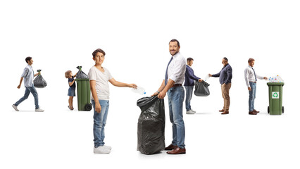 Obraz premium Teenage boy throwing a plastic bottle in a wsste bag and people standing with waste bins