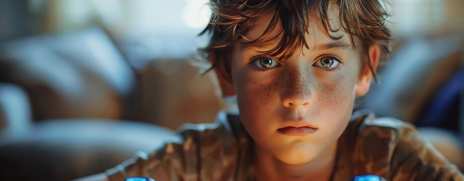 A semi-close up of a young boy playing video games, capturing his excitement and focus, ample copy space