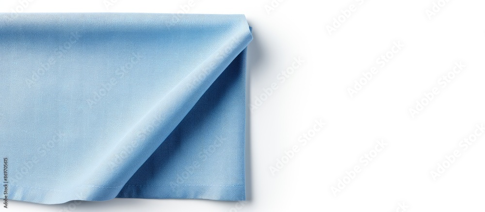 Poster A folded blue linen napkin with copy space image isolated on a white background in a flat lay perspective.