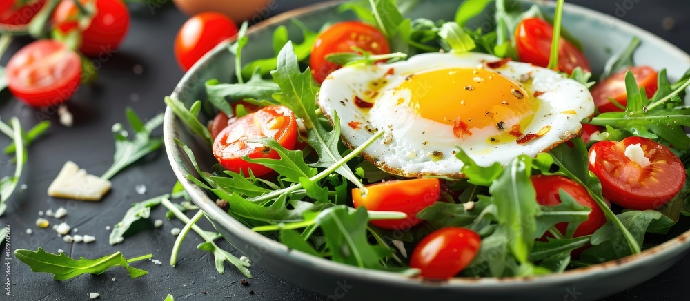 Poster arugula salad with cherry tomatoes, cheese, and egg in a bowl on a table with selective focus for a 