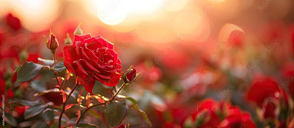 Poster Blurry image of a red rose with ample copy space for text or design in the background for creating ads, scenes, or textures.