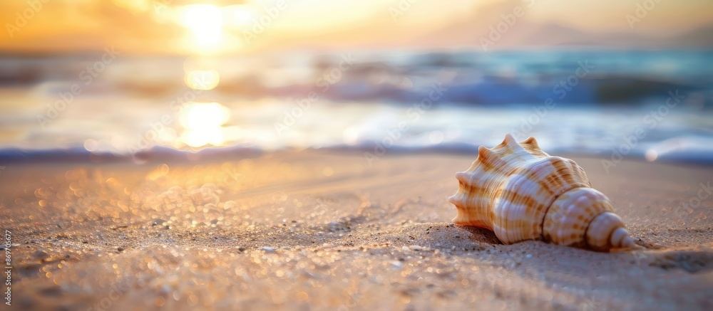 Poster seashell on the sandy shore with a beautiful copy space image.