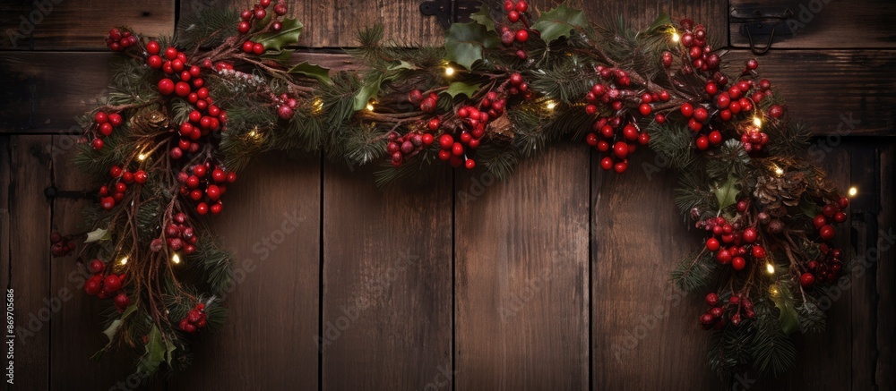 Poster christmas wreath adorned with red berries and twinkling fairy lights displayed on a rustic wooden do