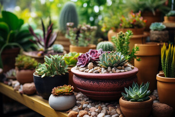 Stylish home garden interior filled with beautiful plants, succulents, cacti, air plant in beautiful design pots. Home gardening concept. Generative AI tools
