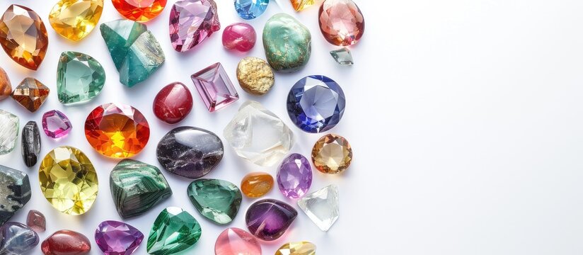 Various loose colorful gemstones on a white backdrop, perfect as copy space for jewelry and gem-themed wallpaper.