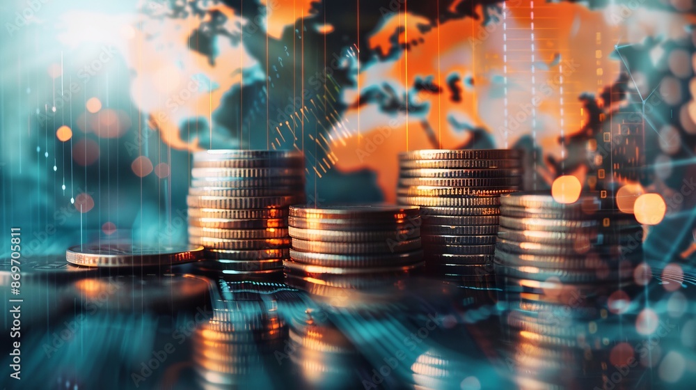 Aufkleber stacked coins in front of a world map with digital overlays represent global finance and economic gr