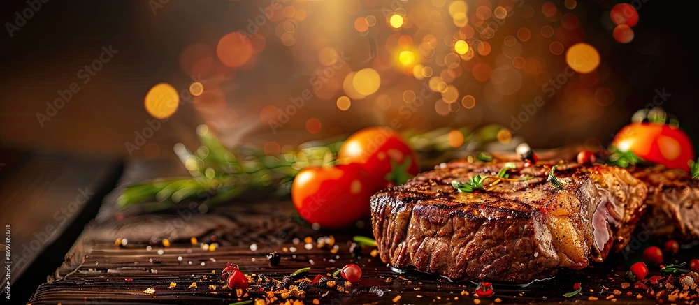 Poster Grilled meat on a restaurant menu with a medium-sized steak is featured in this mouthwatering dinner image with copy space.