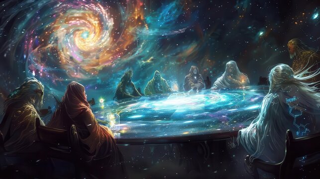 celestial council of diverse ethereal beings each representing different cosmic forces gathered around swirling galaxy table in starlit void
