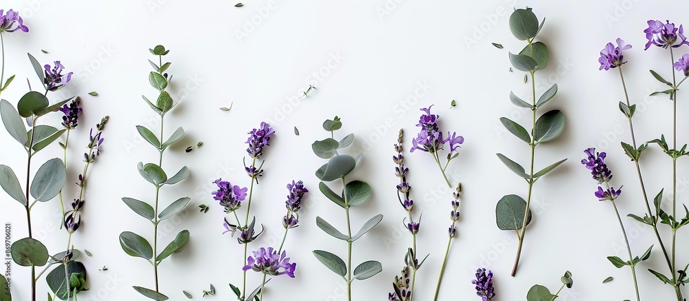 Poster Purple flowers and eucalyptus leaves on a white background create a floral arrangement in a flat lay style with a top view showcasing a copy space image.