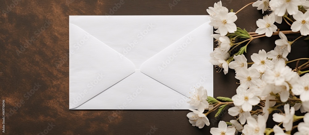 Fototapete top view of a greeting card mockup with white flowers and an envelope, featuring a generous copy spa