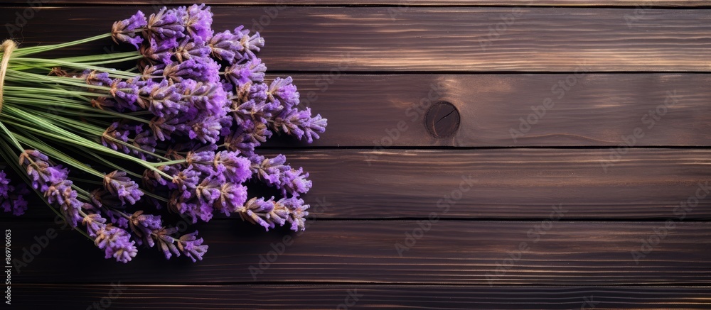 Poster A bouquet of lavender dried flowers displayed on a wooden table with a background suitable for adding text or images - copy space image.