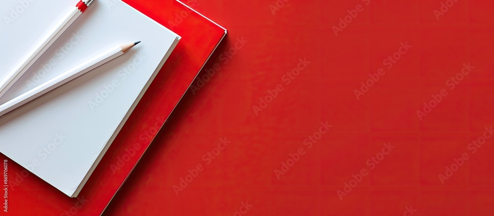 Poster Top view of white and red notepads with a white pencil on a red background, suitable for educational or business concepts, featuring ample copy space image.