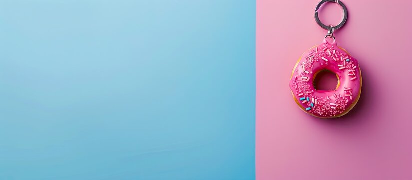 Donut-shaped keychain on colored backdrop, ideal for real estate themes, property purchase. Mock-up with ample copy space image.