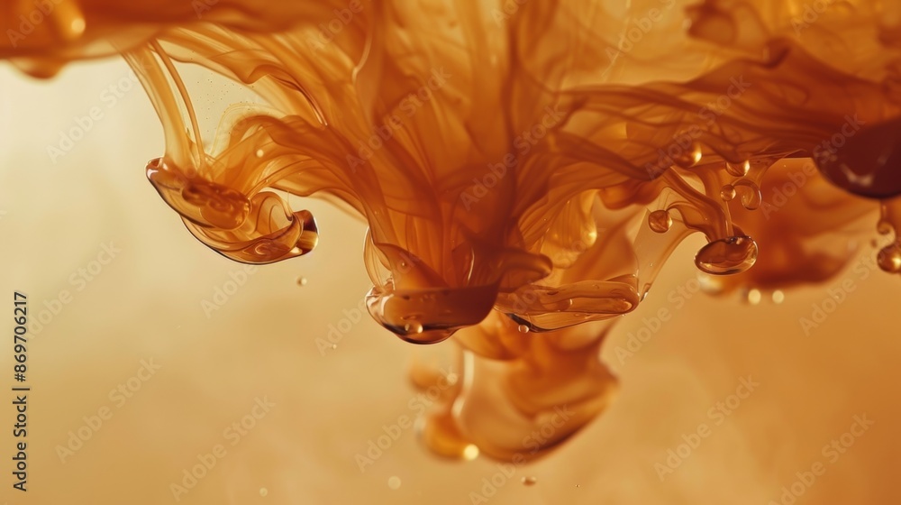 Poster an ambercolored ink showcasing its thick consistency and depth of color as it drips from a pen nib o