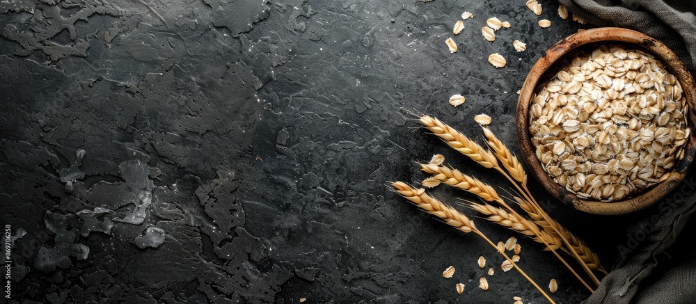 Poster a dark rustic background with a healthy food concept featuring oats meal and copy space image.