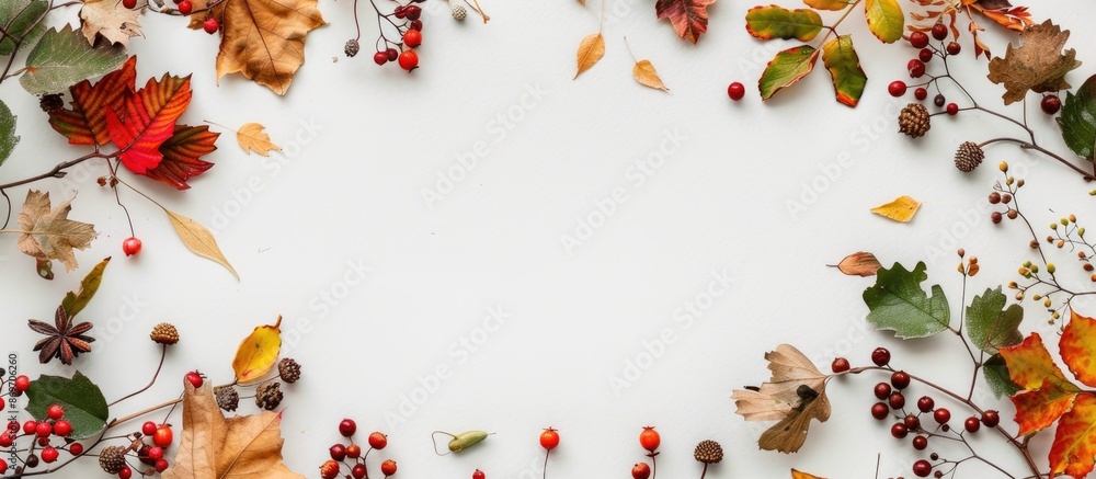Poster top-down view of autumn-themed arrangement with dried green leaves, yellow leaves, and red berries f