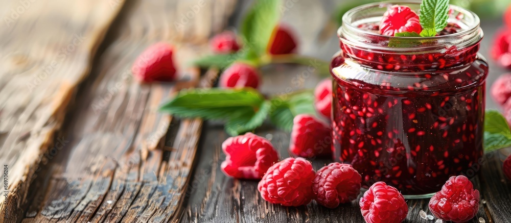 Poster Picture of raspberry jam in a glass jar displayed on a rustic wooden table, with ample space for additional text or graphics.