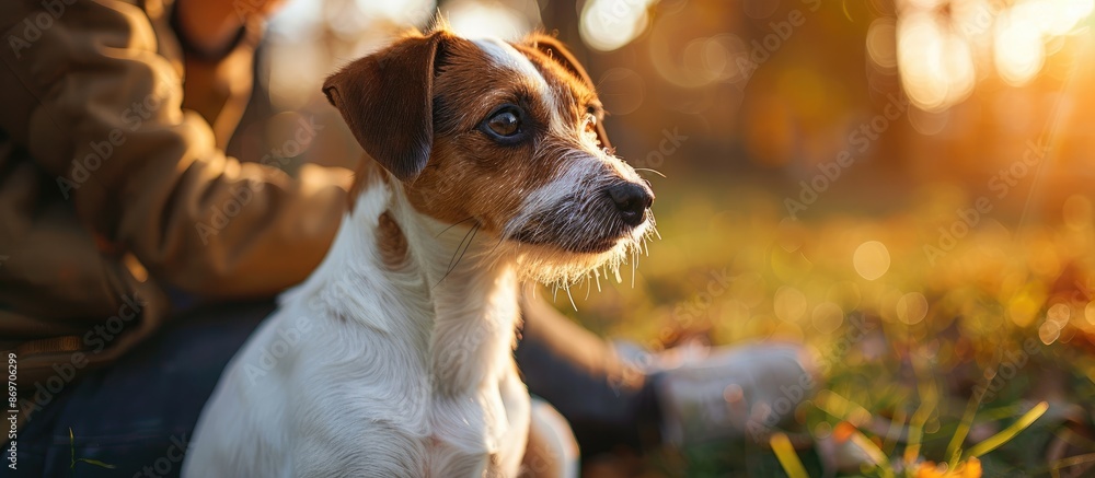 Poster a charming jack russell terrier is being trained outdoors, creating a pet portrait with focused deta