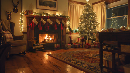 Cozy living room decorated for Christmas Eve, glowing fireplace, twinkling Christmas tree, stockings hung on the mantel, and warm candlelight