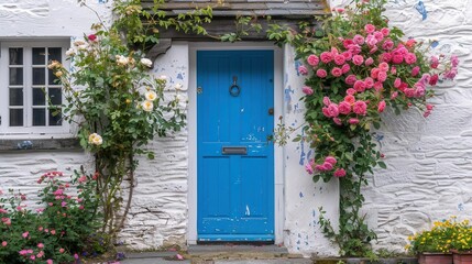 Fototapeta premium charming cottage entrance with vibrant blue door surrounded by lush climbing roses and whitewashed stone facade