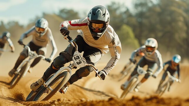 Downhill mountain bikers racing on a dirt track.