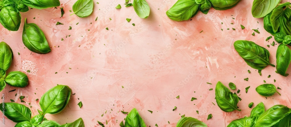 Aufkleber Fresh basil leaves arranged in a frame on a colored surface with a copy space image.