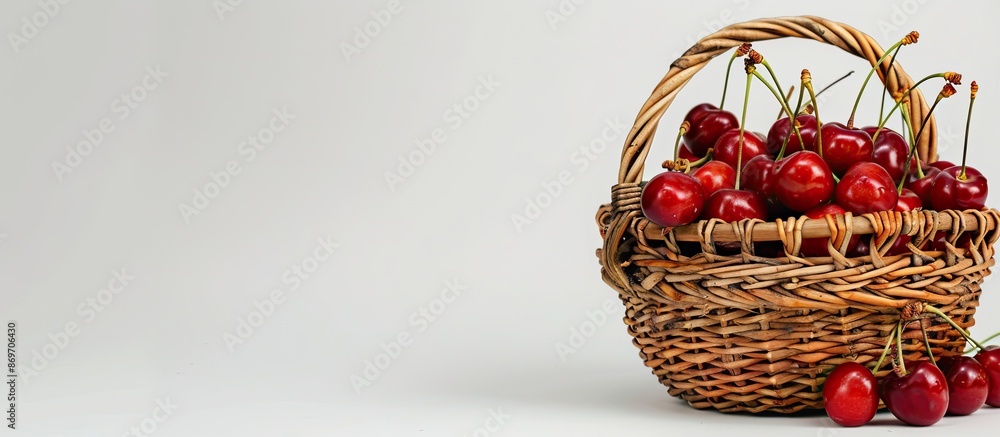 Aufkleber basket holding ripe cherries on white background with available copy space image.