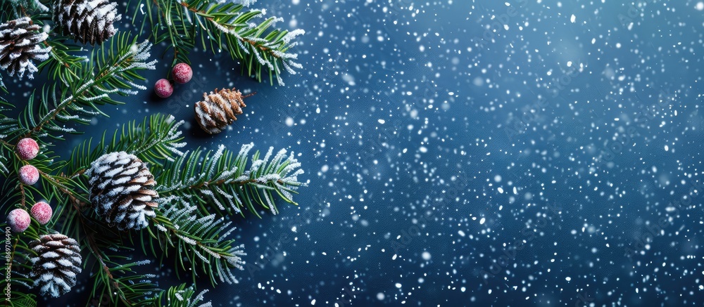 Poster Snow-textured blue background features decorated Christmas fir tree branches with copy space image.