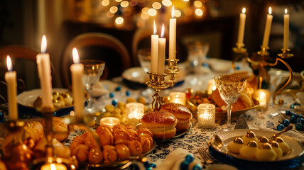 Obraz premium Elegant Hanukkah table setup, menorah with lit candles, golden dreidels, glistening sufganiyot, and blue and white decorations
