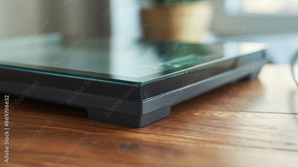 Poster an angled shot of a sleek and modern smart weight scale displaying its tempered glass surface and ad